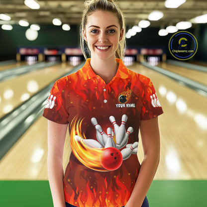 Personalized Flame Red Bowling Shirt For Women Custom Fire Bowling Team Jersey Polo & 1/4 Zip TDM6089