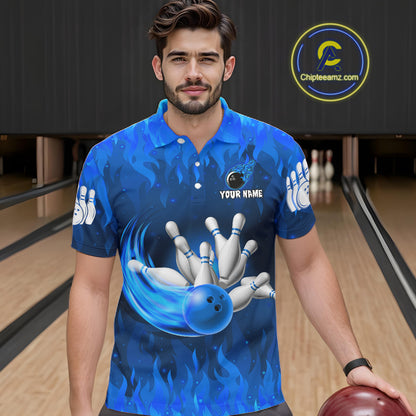 Personalized Flame Blue Bowling Shirt For Men Custom Fire Bowling Team Jersey Polo & 1/4 Zip TDM6090
