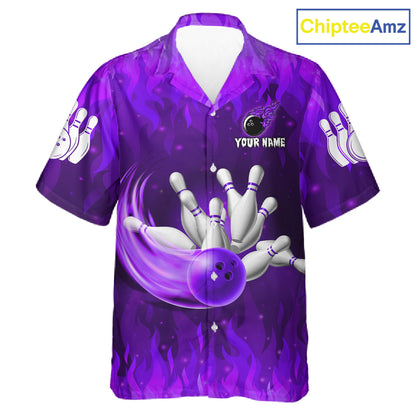 Personalized Flame Purple Hawaiian Bowling Shirt For Women Custom Fire Bowling Team Jersey TDM6091