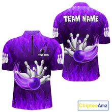 Load image into Gallery viewer, Personalized Flame Purple Bowling Shirt For Men Custom Fire Bowling Team Jersey Polo &amp; 1/4 Zip TDM6091