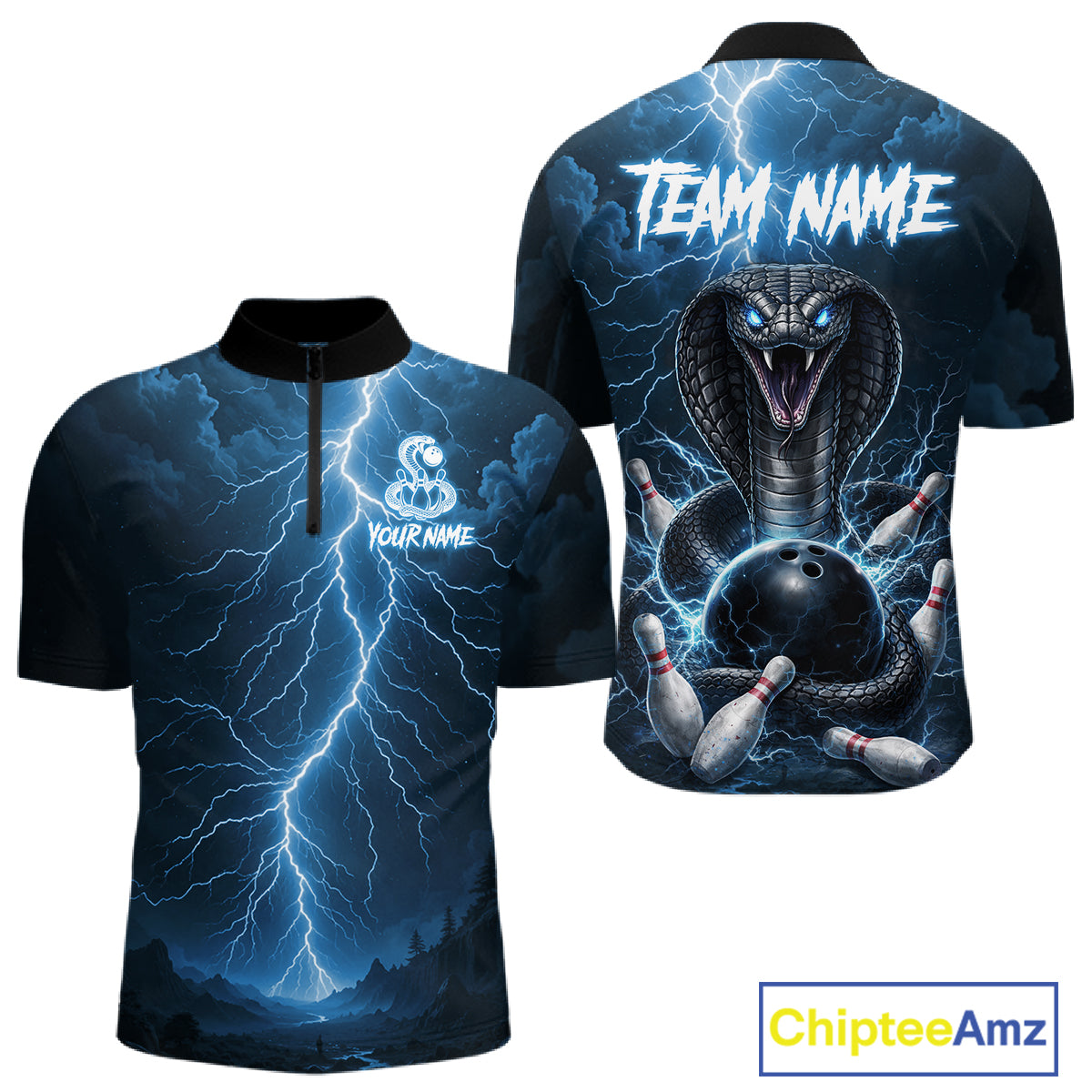Custom Blue Lightning Cobra Snake Bowling Shirt For Men, Bowling Team Jersey Polo & 1/4 Zip TDM6350