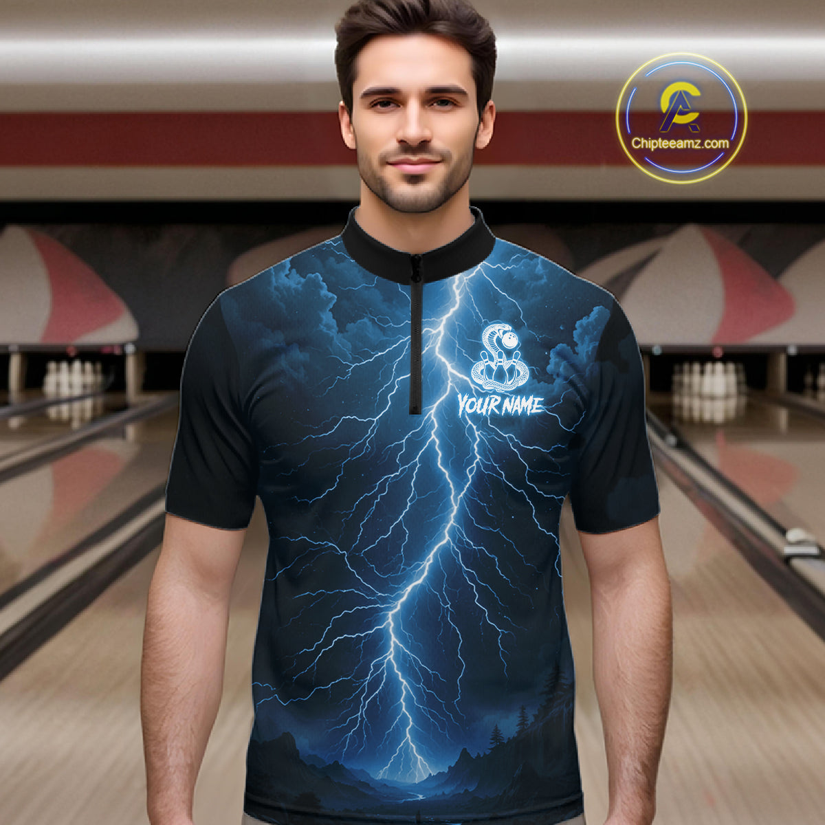 Custom Blue Lightning Cobra Snake Bowling Shirt For Men, Bowling Team Jersey Polo & 1/4 Zip TDM6350