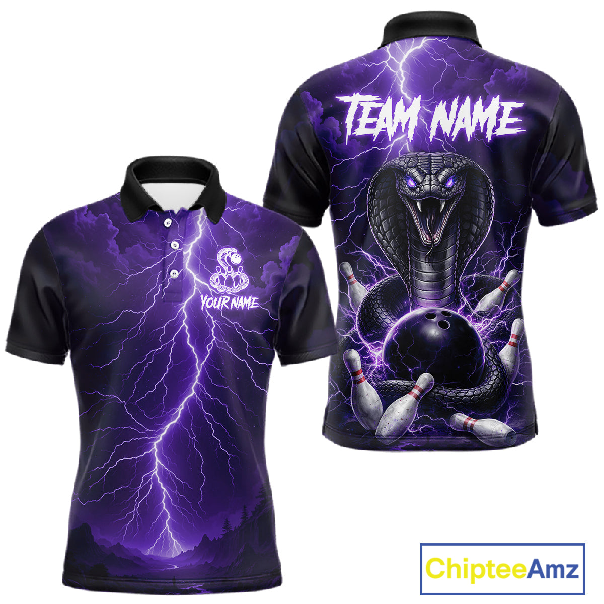 Custom Purple Lightning Cobra Snake Bowling Shirt For Men, Bowling Team Jersey Polo & 1/4 Zip TDM6351
