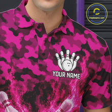 Load image into Gallery viewer, Custom Pink Camo Lightning Flame Bowling Jersey For Men, Bowling Team Shirts Polo &amp; 1/4 Zip TDM6524
