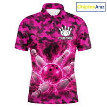 Load image into Gallery viewer, Custom Pink Camo Lightning Flame Bowling Jersey For Men, Bowling Team Shirts Polo &amp; 1/4 Zip TDM6524