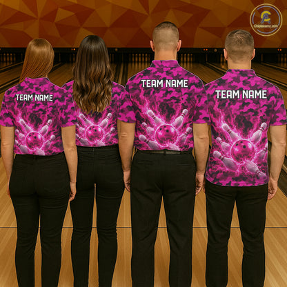 Custom Pink Camo Lightning Flame Bowling Jersey For Women, Bowling Team Shirts Polo & 1/4 Zip TDM6524