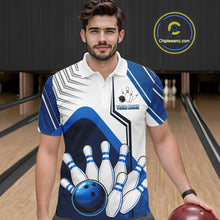 Load image into Gallery viewer, Custom White And Blue Bowling Ball Polo &amp; Quarter Zip For Men, Bowling Team Shirts, Bowling Jersey TDM6525