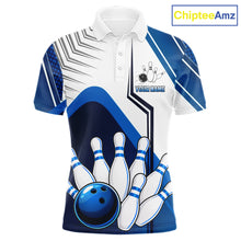 Load image into Gallery viewer, Custom White And Blue Bowling Ball Polo &amp; Quarter Zip For Men, Bowling Team Shirts, Bowling Jersey TDM6525