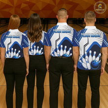 Load image into Gallery viewer, Custom White And Blue Bowling Ball Polo &amp; Quarter Zip For Men, Bowling Team Shirts, Bowling Jersey TDM6525