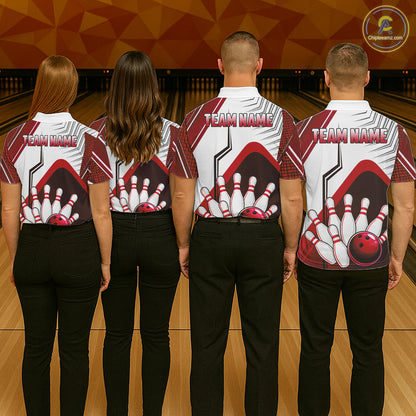 Custom White And Red Bowling Ball Polo & Quarter Zip For Women, Bowling Team Shirts, Bowling Jersey TDM6526