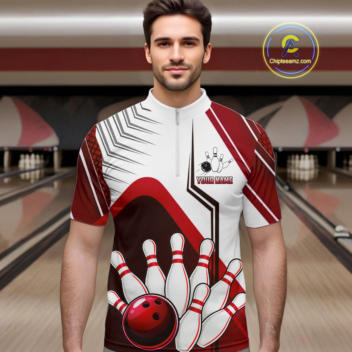 Custom White And Red Bowling Ball Polo & Quarter Zip For Men, Bowling Team Shirts, Bowling Jersey TDM6526
