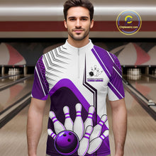 Load image into Gallery viewer, Custom White And Purple Bowling Ball Polo &amp; Quarter Zip For Men, Bowling Team Shirt, Bowling Jersey TDM6527