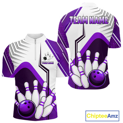 Custom White And Purple Bowling Ball Polo & Quarter Zip For Men, Bowling Team Shirt, Bowling Jersey TDM6527