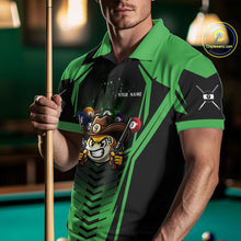 Load image into Gallery viewer, Man wearing a green 9 ball cowboy billiard jersey beside a pool table front view.
