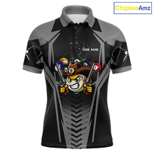 Load image into Gallery viewer, Grey 9 ball cowboy billiard polo shirt for men with funny pool team graphics.