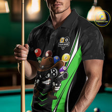 Load image into Gallery viewer, Man wearing a black and green 8 ball and 9 ball billiard jersey beside a pool table front view.