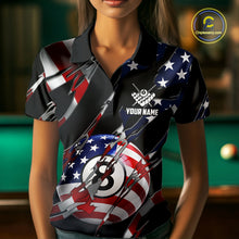 Load image into Gallery viewer, Woman wearing an American flag 8 ball pool billiard jersey beside a pool table front view.