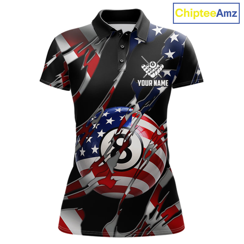 American flag 8 ball pool billiard polo shirt for women with patriotic pool team graphics.