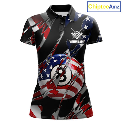 American flag 8 ball pool billiard polo shirt for women with patriotic pool team graphics.