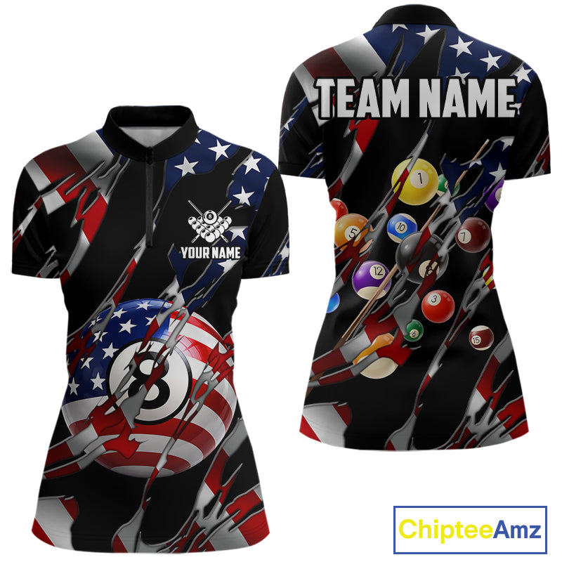 American flag 8 ball pool billiard quarter zip shirt for women designed for league tournaments and team events.
