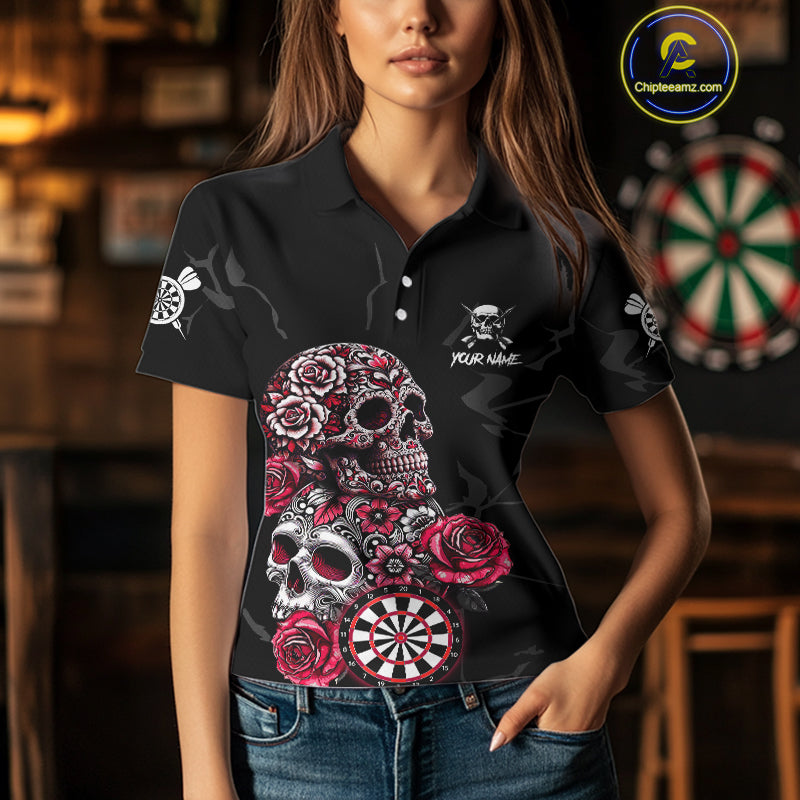Personalized Red Funny Skull Roses Darts Shirt For Women Custom Darts Team Jersey, Darts Outfit TDM4356