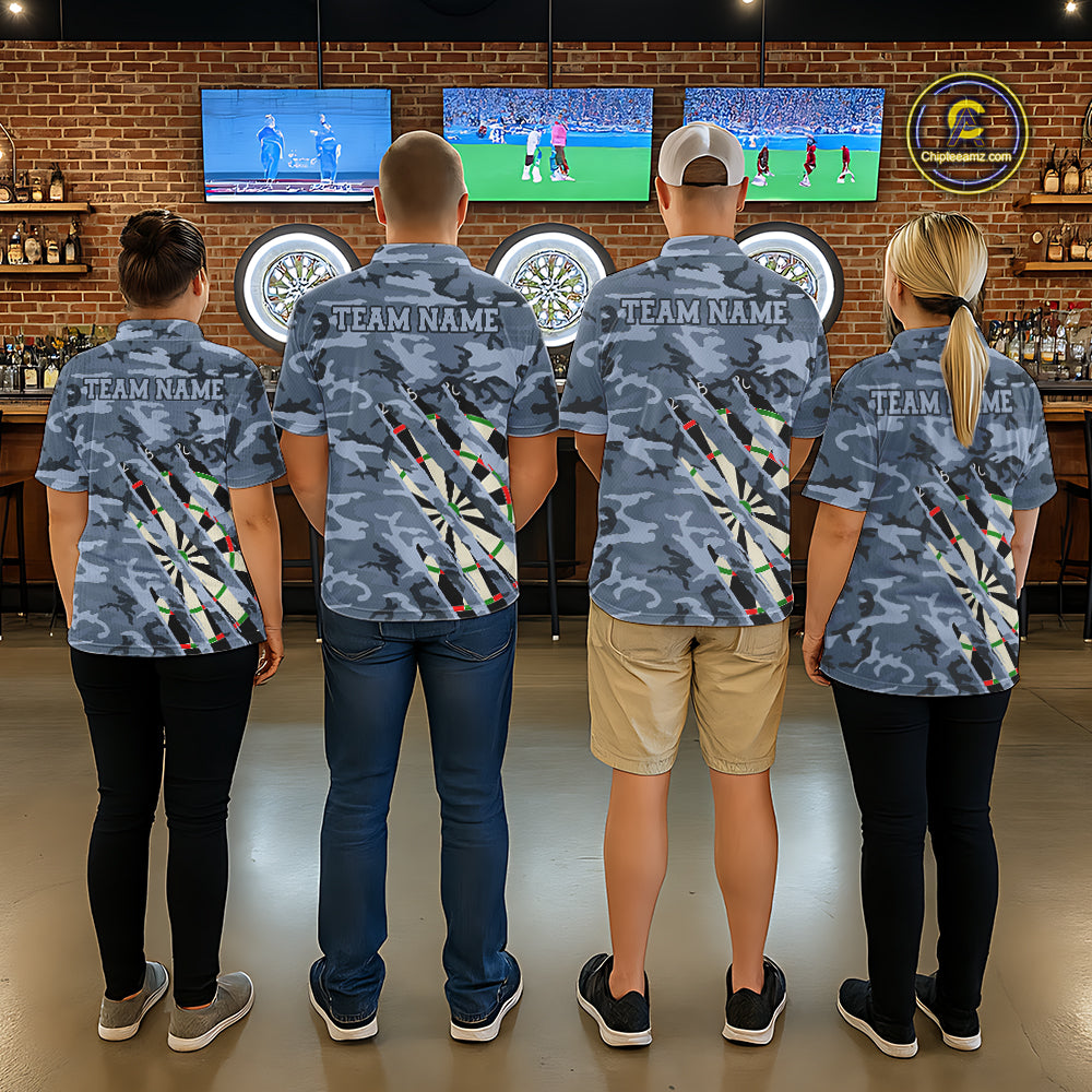 Darts team wearing matching personalized blue military camo darts league team jerseys featuring blue camouflage graphics, front view.