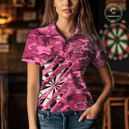 Woman wearing personalized pink military camo darts league team jersey polo shirt featuring pink military camouflage artwork, front view.