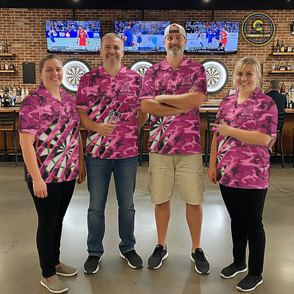 Man wearing personalized pink military camo darts league team jersey quarter zip shirt featuring pink military camouflage artwork, front view.