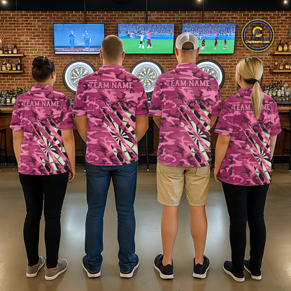 Darts team wearing matching personalized pink military camo darts league team jerseys featuring pink camouflage graphics, front view.