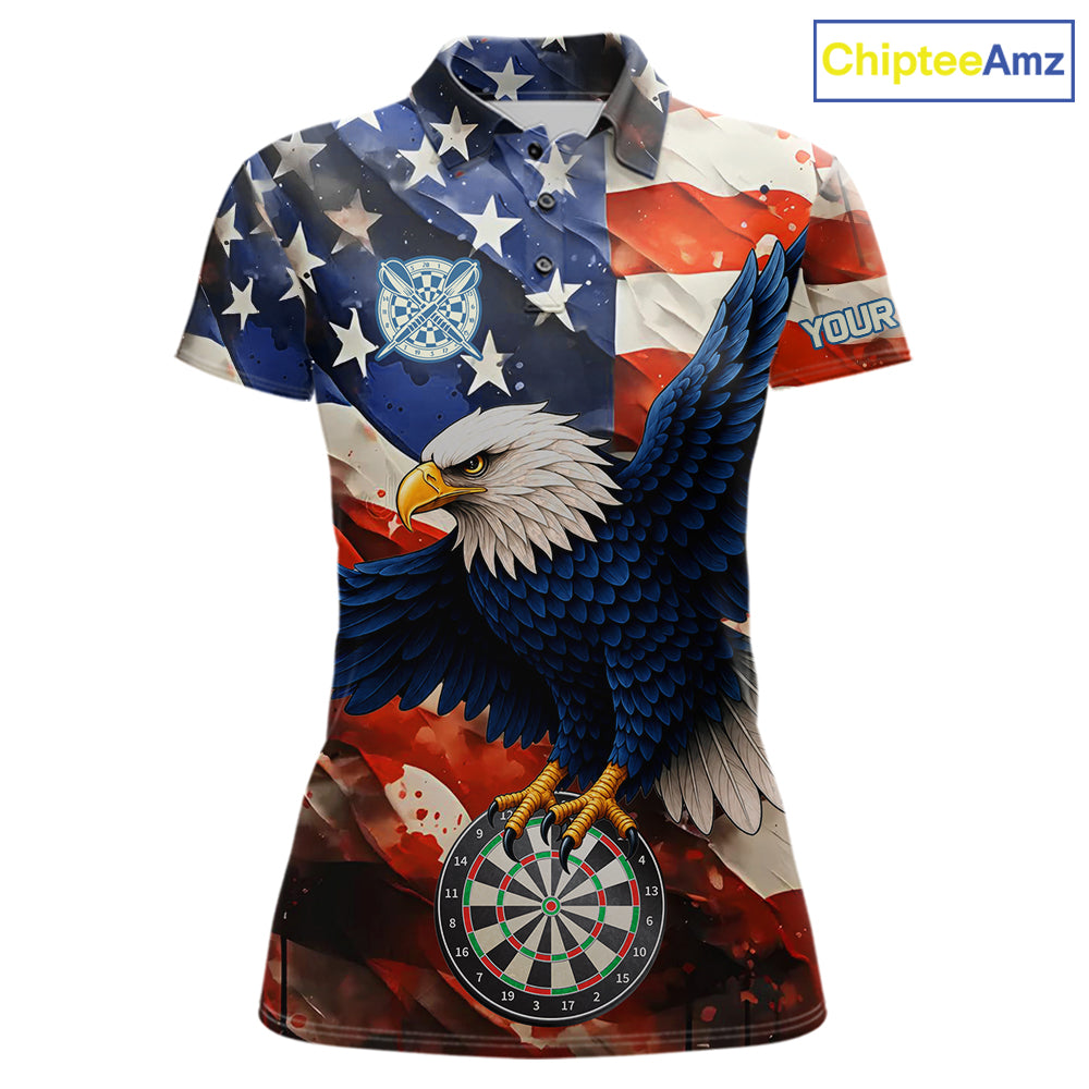 Personalized American flag eagle darts team jersey polo shirt for women featuring patriotic eagle and American flag artwork, premium custom darts league apparel for tournaments and league play.