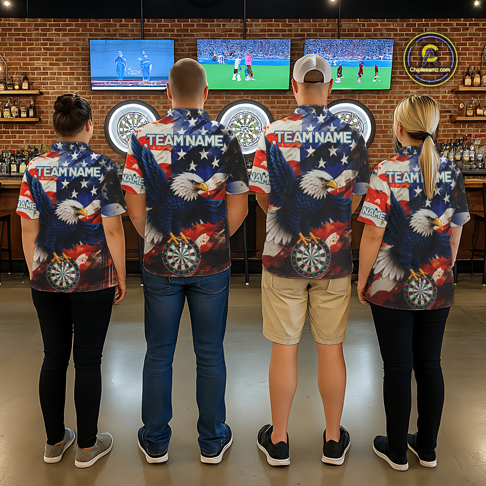 Darts team wearing matching personalized American flag eagle darts team jerseys featuring patriotic eagle graphics, front view.