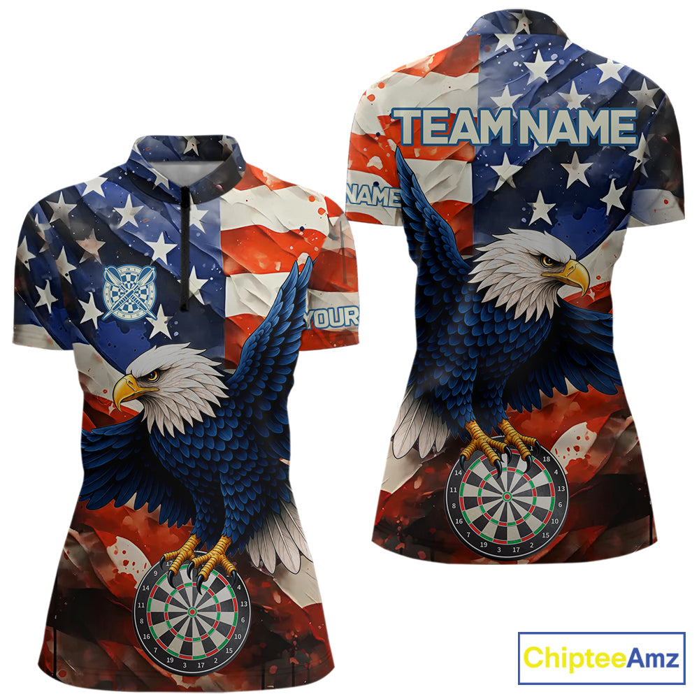 Personalized American flag eagle darts team jersey quarter zip shirt for women featuring bold American flag eagle graphics, premium custom darts apparel.