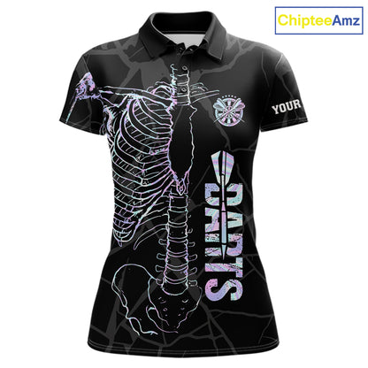 Personalized holographic funny skeleton darts team jersey polo shirt for women featuring vibrant holographic skeleton artwork, premium custom darts league apparel and unique darts gifts.