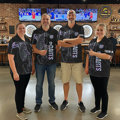 Man wearing personalized holographic funny skeleton darts team jersey quarter zip shirt featuring holographic skeleton artwork, front view.