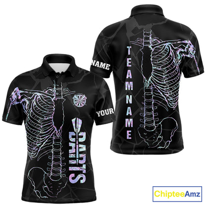 Personalized holographic funny skeleton darts team jersey polo shirt for men featuring vibrant holographic skeleton artwork, premium custom darts league apparel and unique darts gifts.