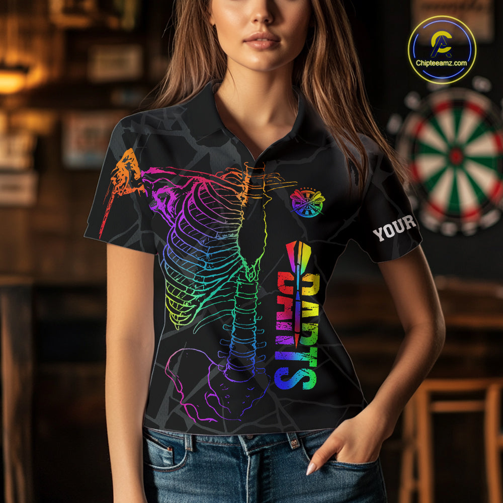 Woman wearing colorful rainbow funny skeleton darts team jersey polo shirt featuring rainbow skeleton artwork, front view.