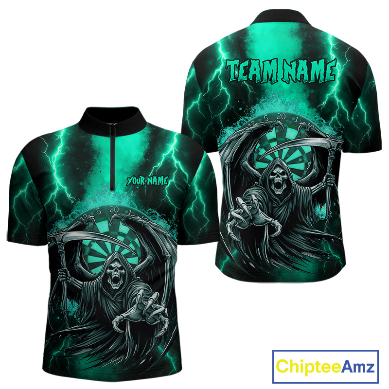 Personalized Turquoise Grim Reaper Thunder Lightning Darts Shirt For Men, 3D Darts Team Jerseys TDM4589