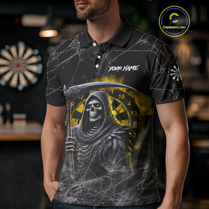 Black And Yellow Smoke Grim Reaper Dart Shirts For Men Custom Halloween Darts Jersey Outfit TDM4591