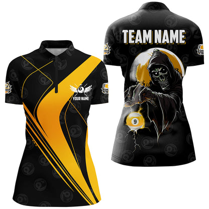 Customized Yellow Black Grim Reaper 9 Ball Billiard Shirts For Women, 9 Ball Pool Team Jerseys TDM2502