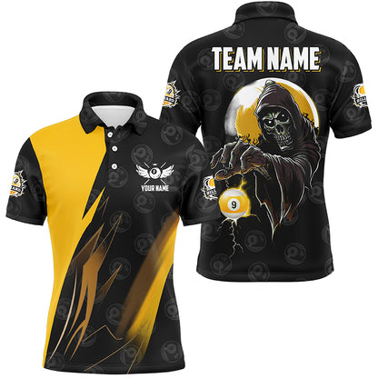 Personalized Yellow Black Grim Reaper 9 Ball Billiard Shirts For Men, 9 Ball Pool Team Jerseys TDM2503