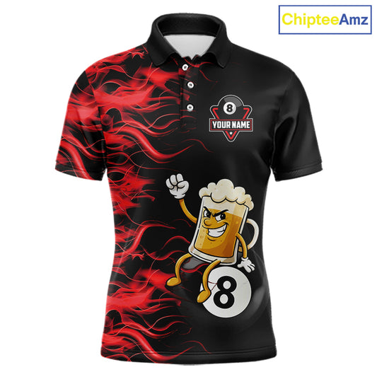 Red Flaming Funny Beer 8 Ball Billiard Shirt For Men Custom Pool Team Jersey Polo & 1/4 Zip TDM5936