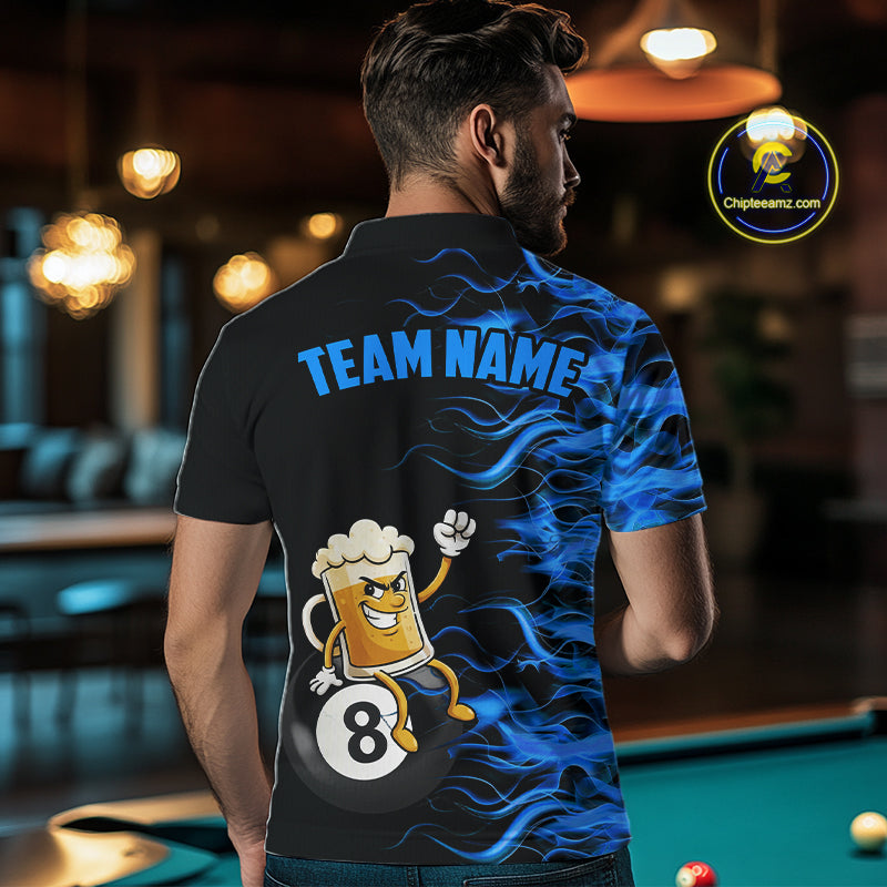 Blue Flaming Funny Beer 8 Ball Billiard Shirt For Men Custom Pool Team Jersey Polo & 1/4 Zip TDM5937