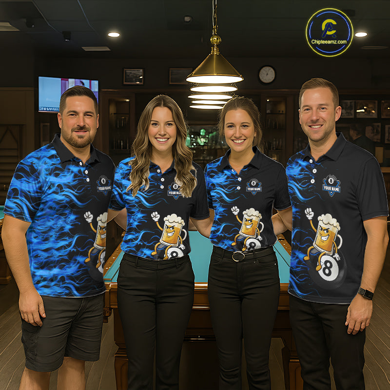 Blue Flaming Funny Beer 8 Ball Billiard Shirt For Men Custom Pool Team Jersey Polo & 1/4 Zip TDM5937