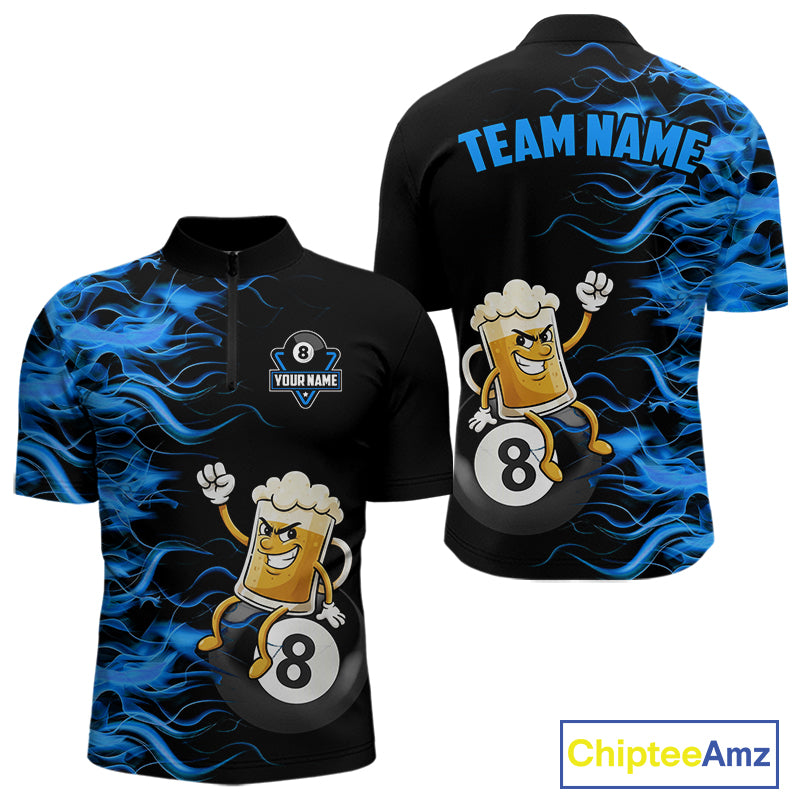 Blue Flaming Funny Beer 8 Ball Billiard Shirt For Men Custom Pool Team Jersey Polo & 1/4 Zip TDM5937