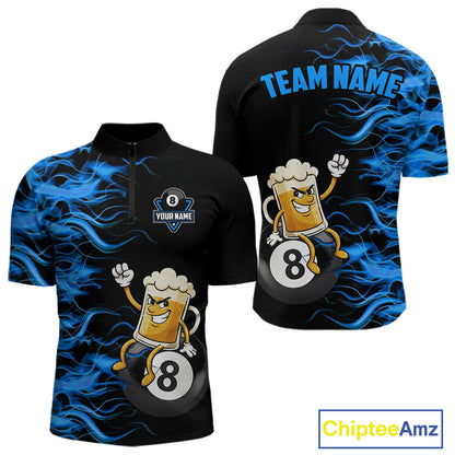 Blue Flaming Funny Beer 8 Ball Billiard Shirt For Men Custom Pool Team Jersey Polo & 1/4 Zip TDM5937