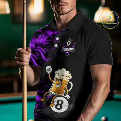 Purple Flaming Funny Beer 8 Ball Billiard Shirt For Men Custom Pool Team Jersey Polo & 1/4 Zip TDM5938