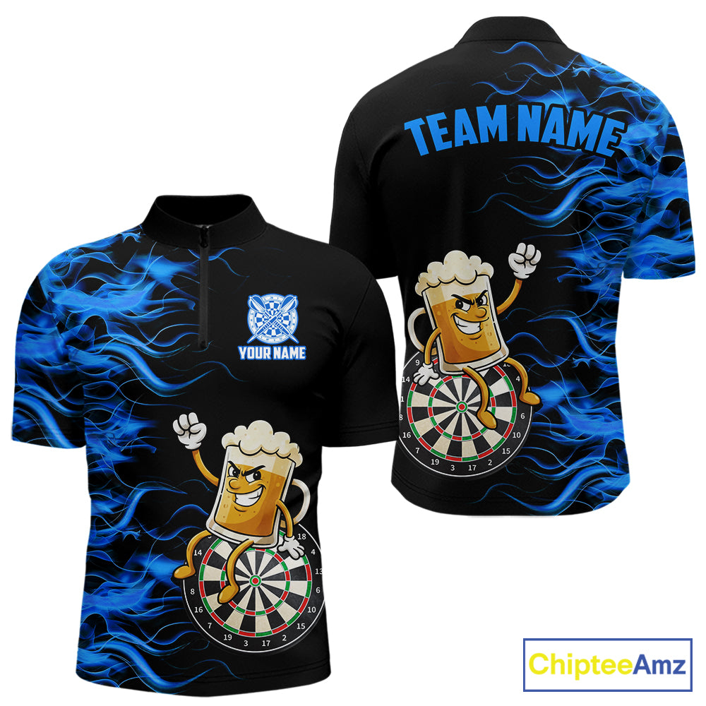 Blue Flaming Dartboard Funny Beer Darts Shirt For Men Custom Darts Jersey Team Polo & 1/4 Zip TDM5940