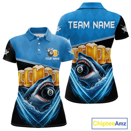 Blue Funny Beer Shark 8 Ball Billiard Jersey For Women Custom Pool Team Shirt Polo & 1/4 Zip TDM5943