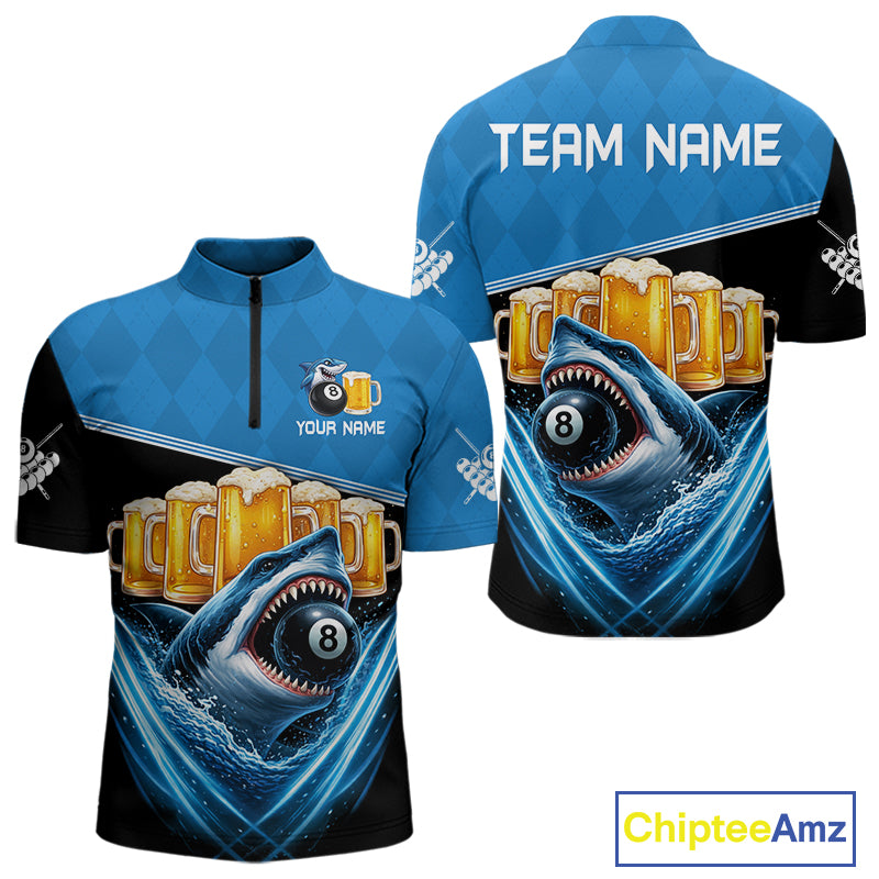 Blue Funny Beer Shark 8 Ball Billiard Jersey For Men Custom Pool Team Shirt Polo & 1/4 Zip TDM5943