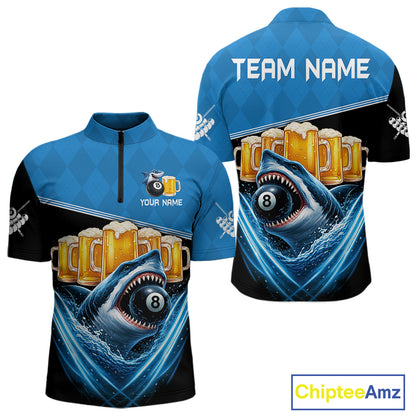 Blue Funny Beer Shark 8 Ball Billiard Jersey For Men Custom Pool Team Shirt Polo & 1/4 Zip TDM5943